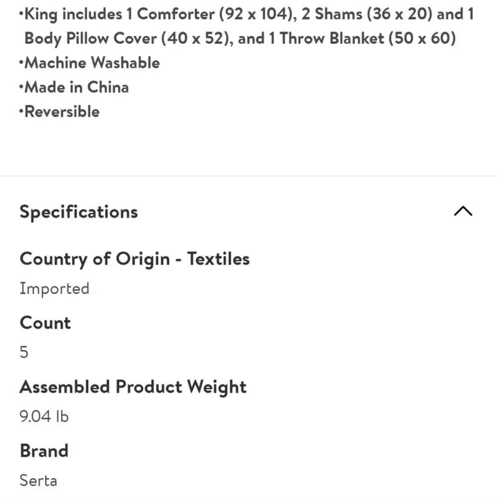 Serta 5 pc Bedding